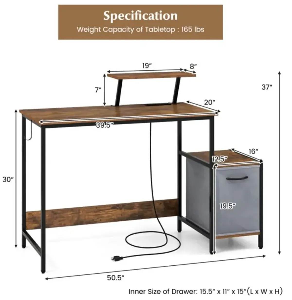 Hivvago Computer Desk with Reversible Storage Drawer and Moveable Shelf-Brown