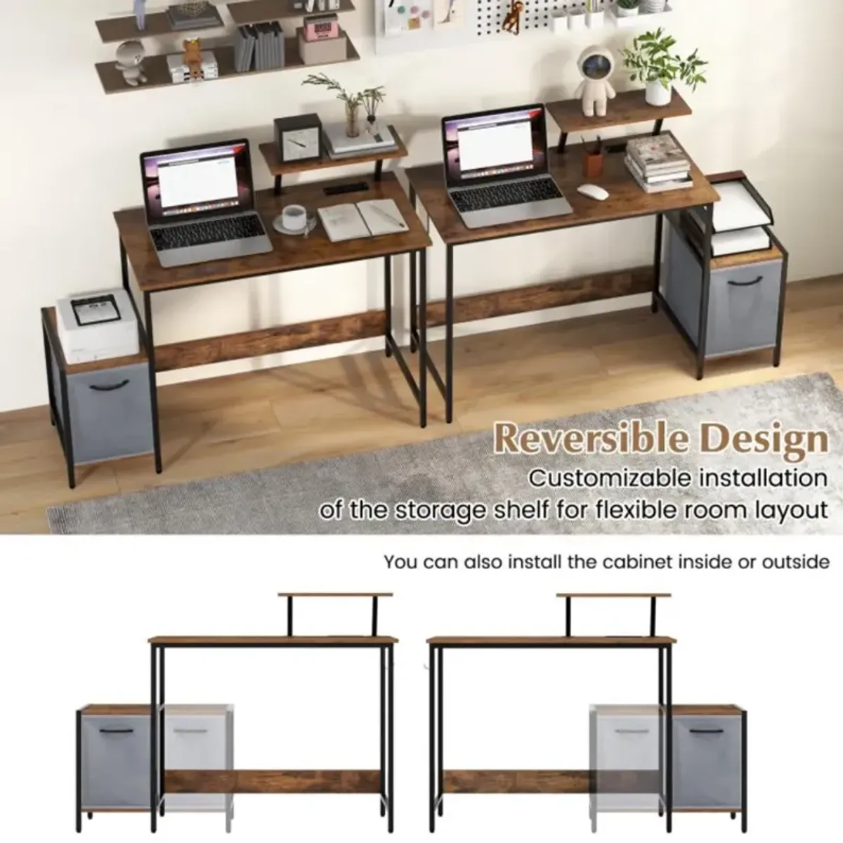 Hivvago Computer Desk with Reversible Storage Drawer and Moveable Shelf-Brown