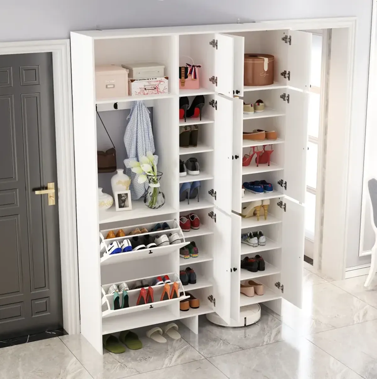 FUFU&GAGA Large Wardrobe Armoires Close with Adjustable Shelves and 3 Hooks, with Shoe Storage