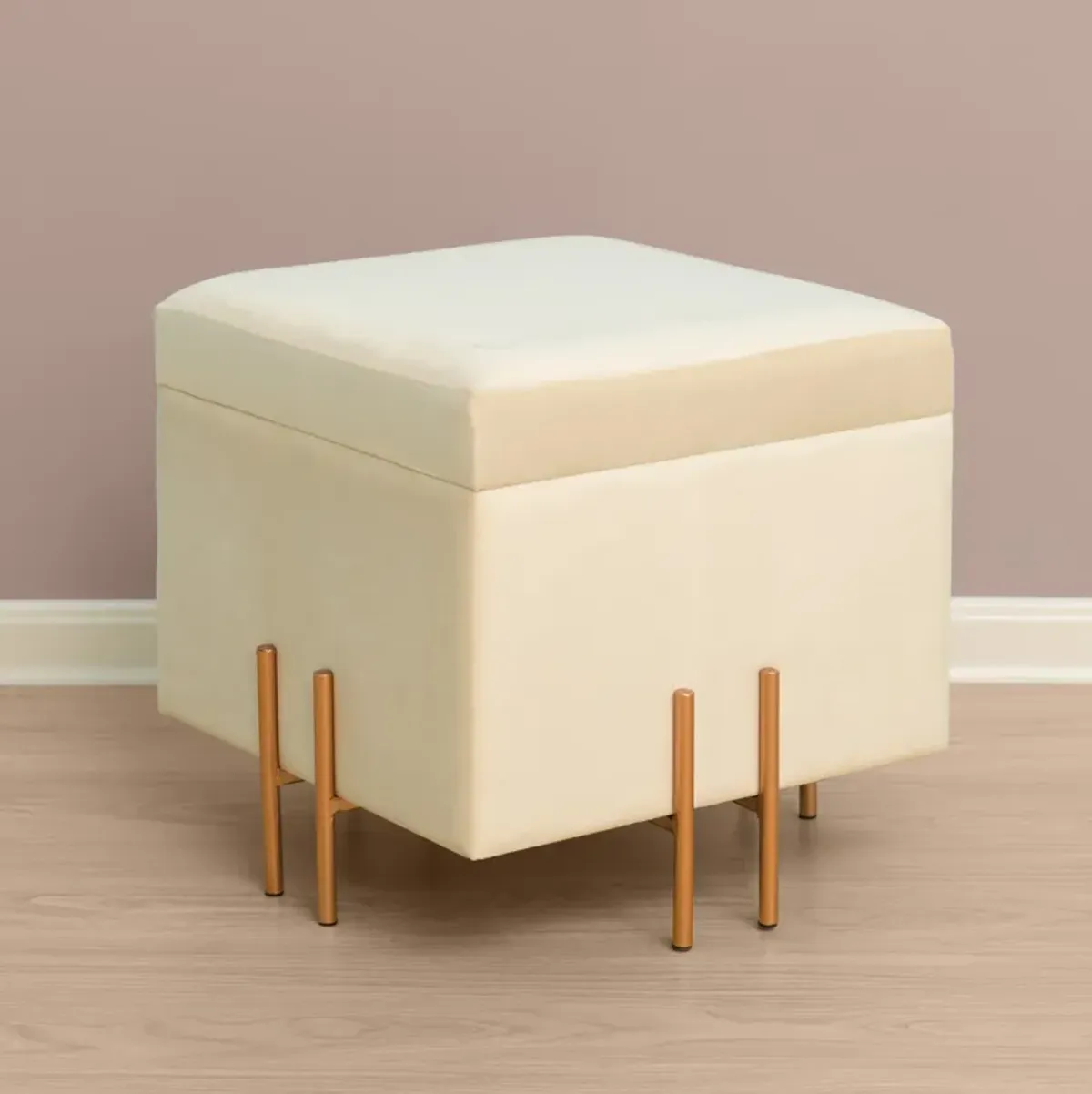 Square Velvet Storage Ottoman with Rose Gold Legs, Pink