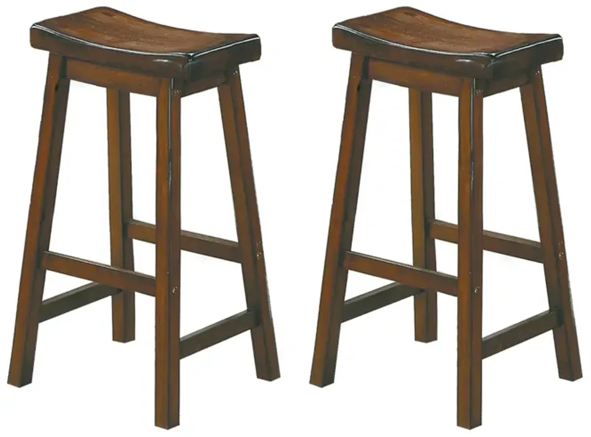Wooden 29" Counter Height Stool with Saddle Seat, Distressed Cherry, Set Of 2-Benzara