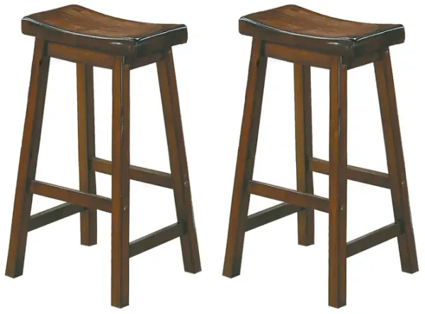 Wooden 29" Counter Height Stool with Saddle Seat, Distressed Cherry, Set Of 2-Benzara
