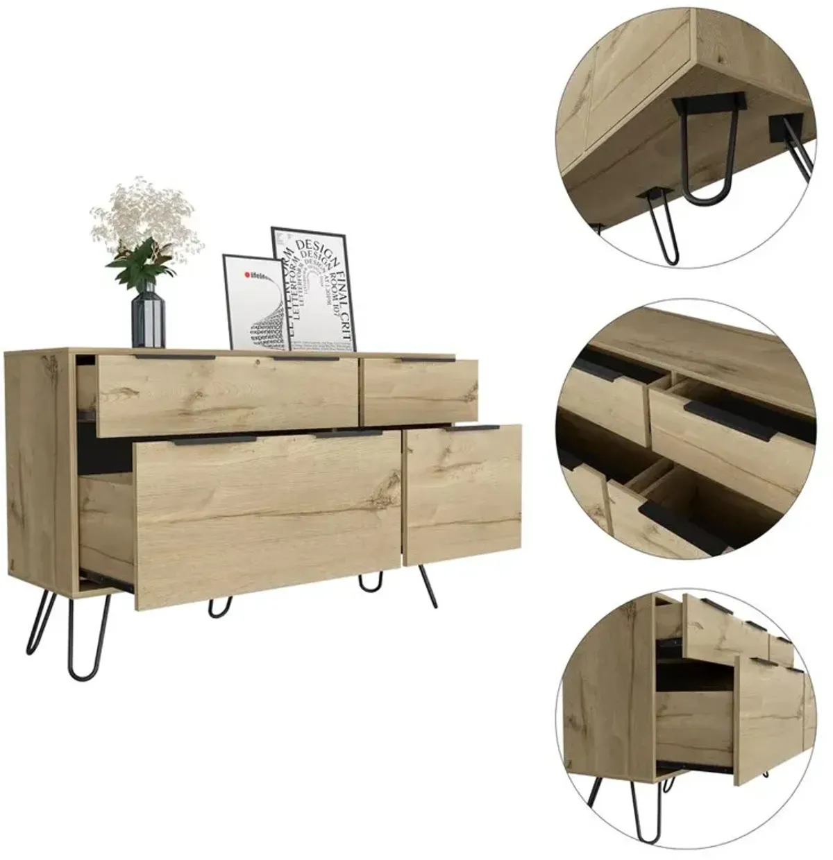 DEPOT E-SHOP Aster Double Dresser-Four Drawers,Countertop, Four Steel Legs-Light Oak, For Bathroom