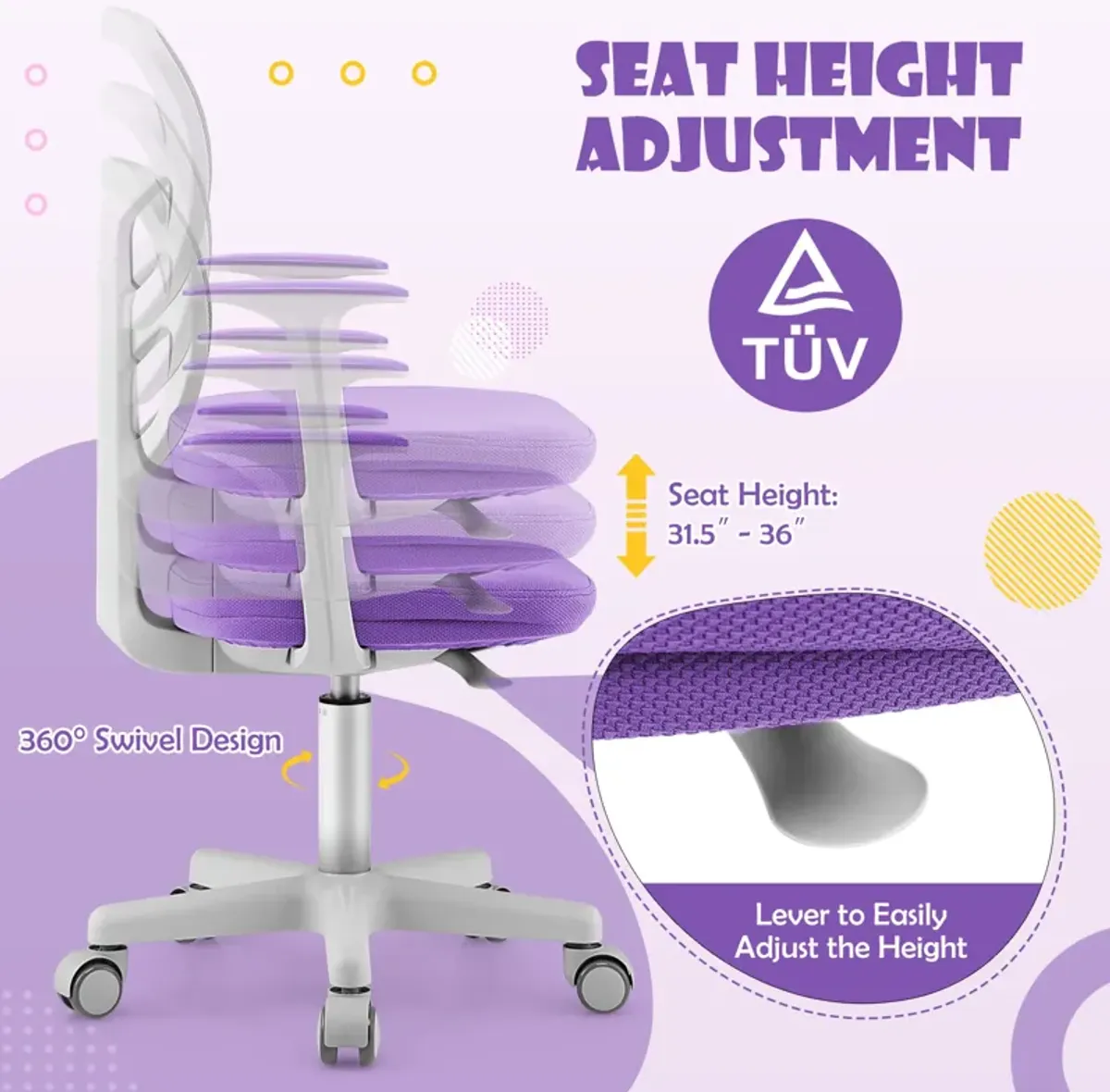 Adjustable Desk Chair with Auto Brake Casters for Kids