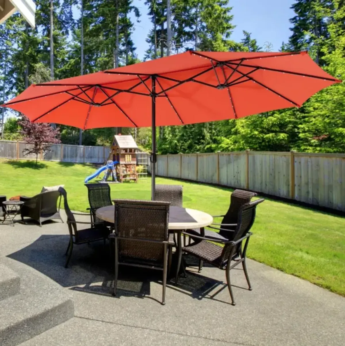 Hivvago 15 Feet Twin Patio Umbrella with 48 Solar LED Lights
