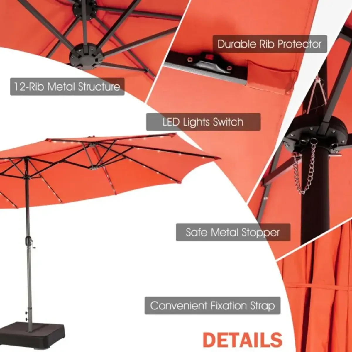 Hivvago 15 Feet Twin Patio Umbrella with 48 Solar LED Lights