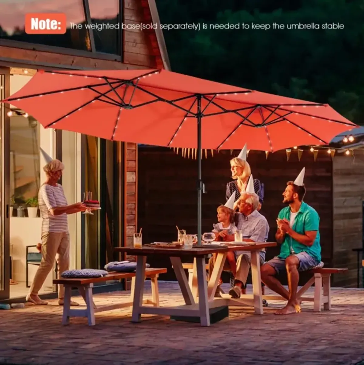 Hivvago 15 Feet Twin Patio Umbrella with 48 Solar LED Lights