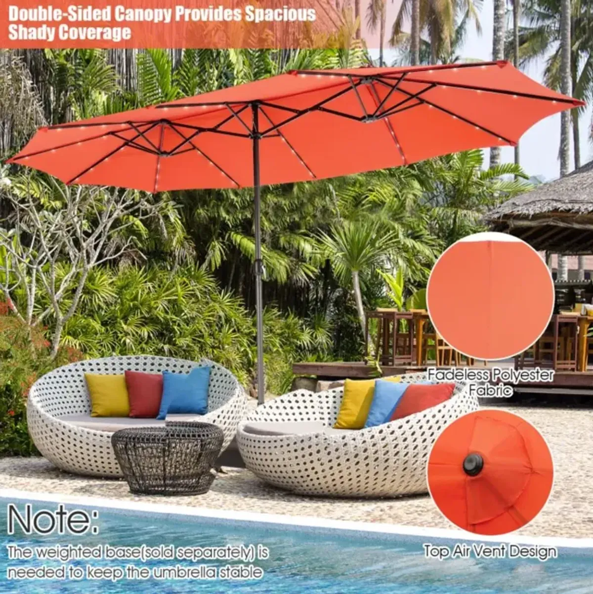 Hivvago 15 Feet Twin Patio Umbrella with 48 Solar LED Lights