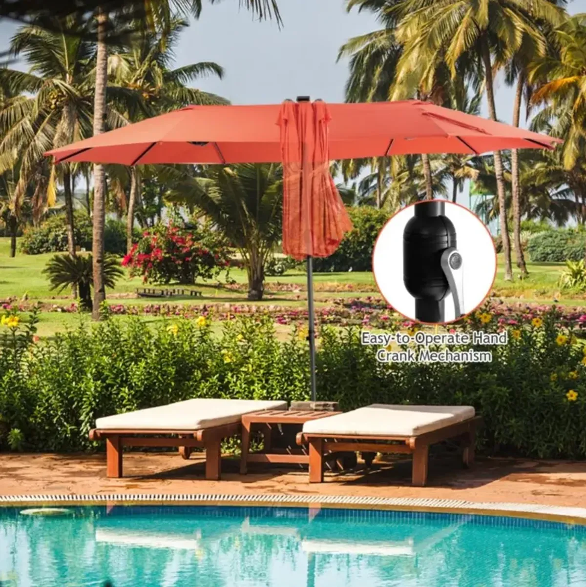 Hivvago 15 Feet Twin Patio Umbrella with 48 Solar LED Lights
