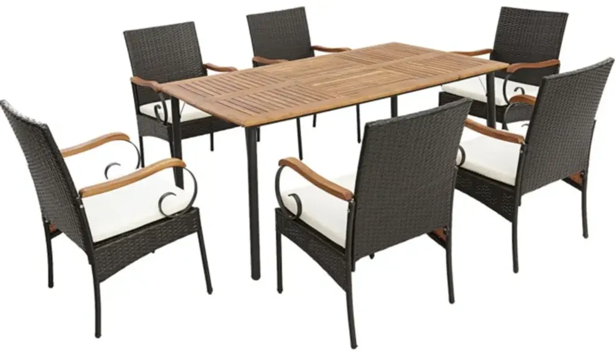 Hivvago 7 Pieces Patio Wicker Dining Set with Detachable Cushion and Umbrella Hole