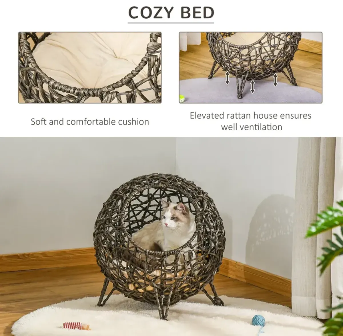 Golden Maroon Pet Bed: Elevated Wicker Cat Bed with Cushion