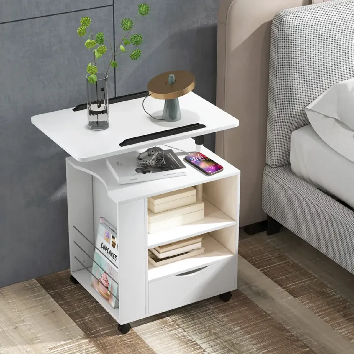 Nightstand Bedside Table Swivel Laptop Tray with Charging Station and LED Lights-White