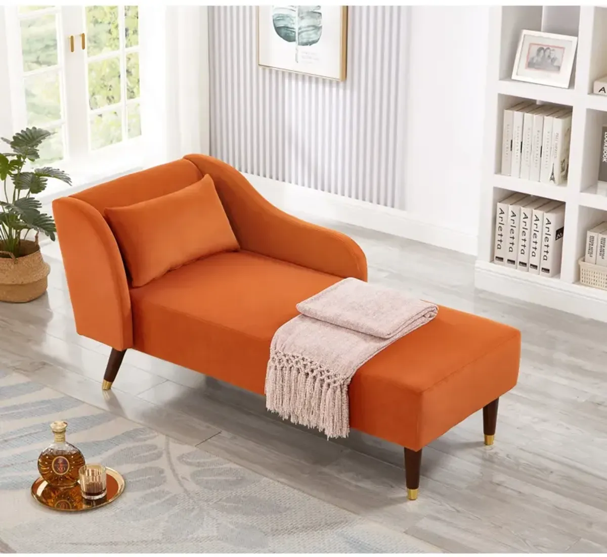 Modern Chaise Lounge Chair Velvet Upholstery (Orange)