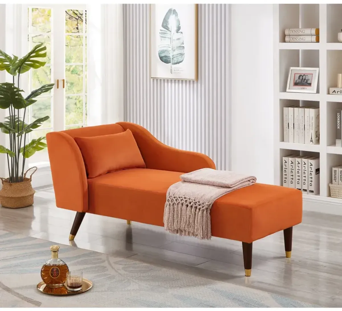 Modern Chaise Lounge Chair Velvet Upholstery (Orange)