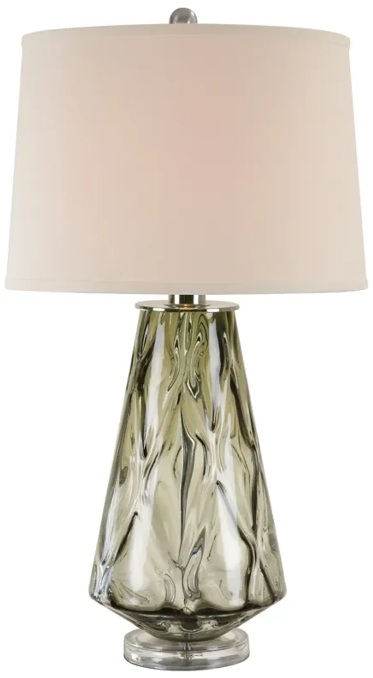 31 Inch Accent Table Lamp with White Drum Shade, Rippled Gray Glass Base - Benzara