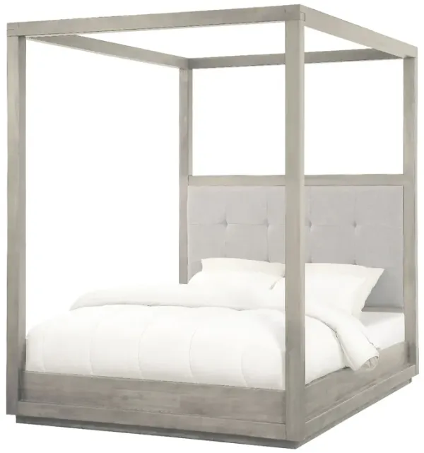 Kim Upholstered Acacia Wood Platform Canopy King Bed, Tufted, Heather Gray - Benzara
