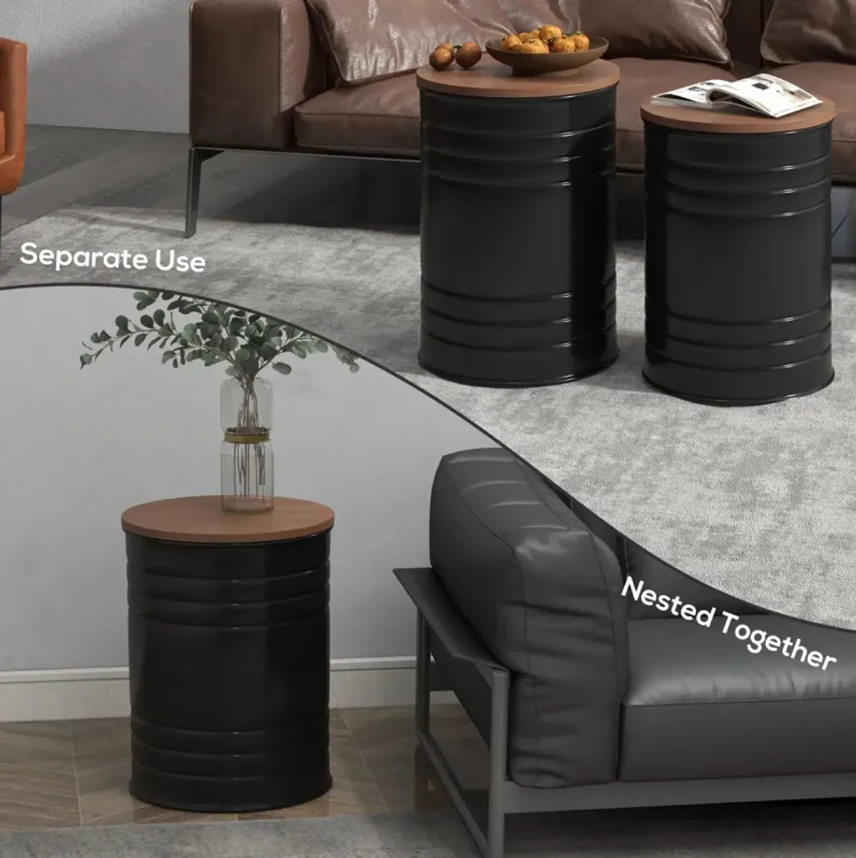 Round Storage Ottoman Set: Nesting, Wooden Lid, Metal Frame