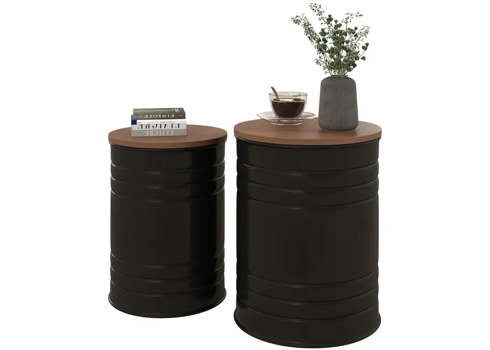 Round Storage Ottoman Set: Nesting, Wooden Lid, Metal Frame