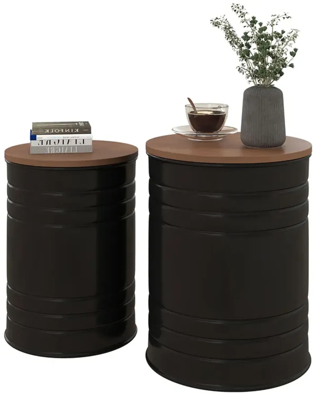 Round Storage Ottoman Set: Nesting, Wooden Lid, Metal Frame