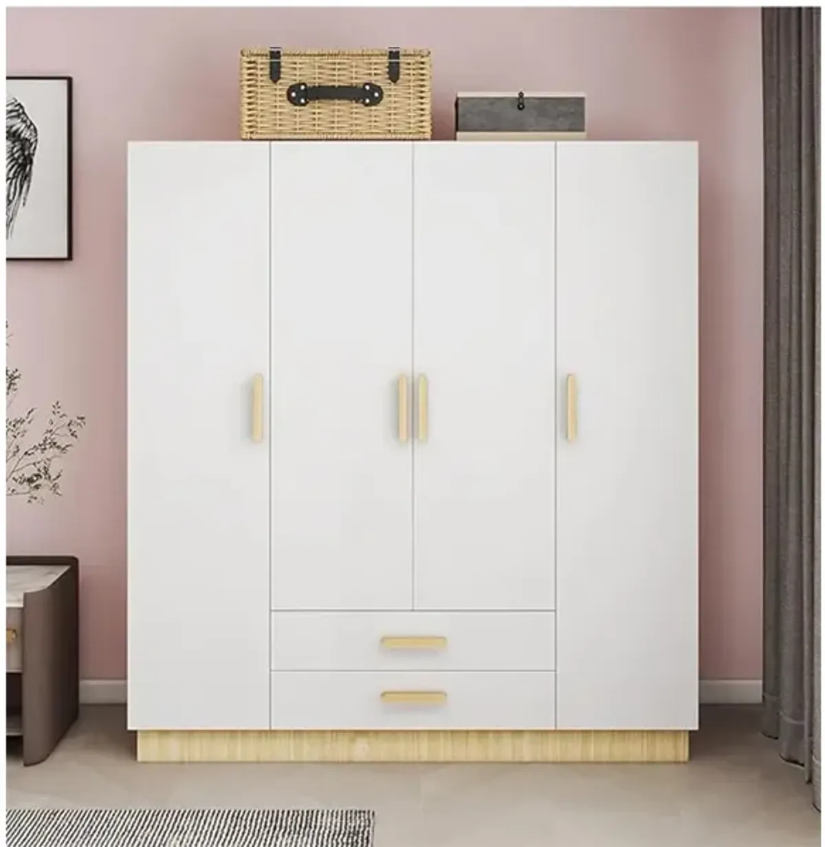 Armoire Wardrobe Closet Storage Cabinet with 4 Doors 2 Hanging Rods 2 Drawers for Bedroom,White