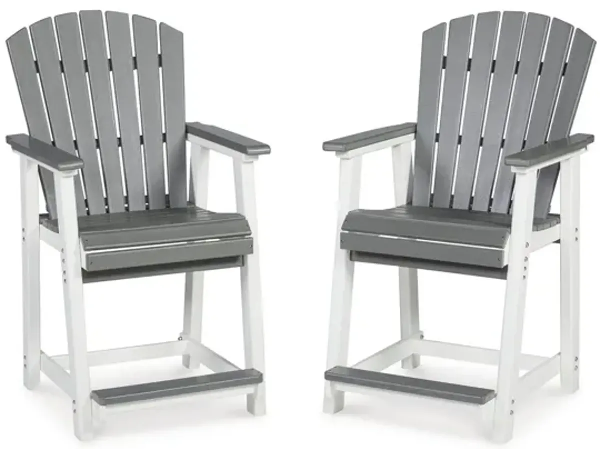 24 Inch Counter Stool Armchair Set of 2, Outdoor Slatted, Gray, White - Benzara