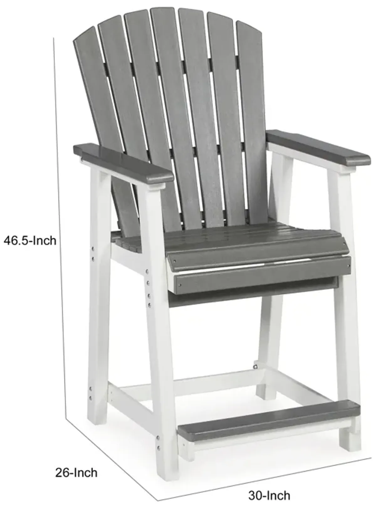 24 Inch Counter Stool Armchair Set of 2, Outdoor Slatted, Gray, White - Benzara