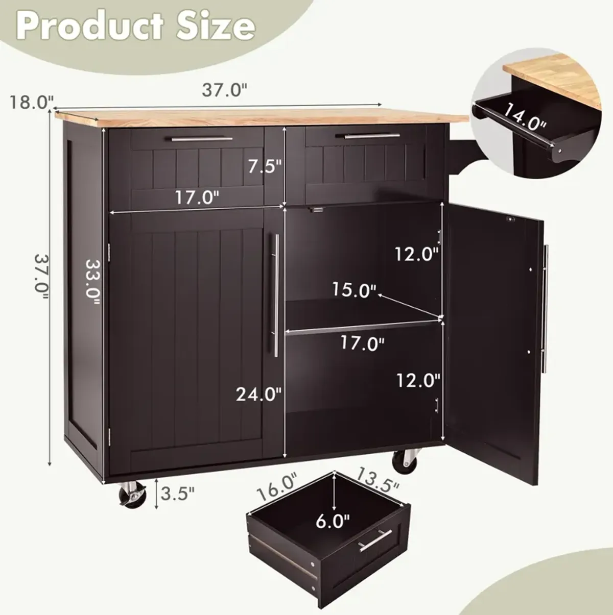 Heavy Duty Rolling Kitchen Cart with Tower Holder and Drawer