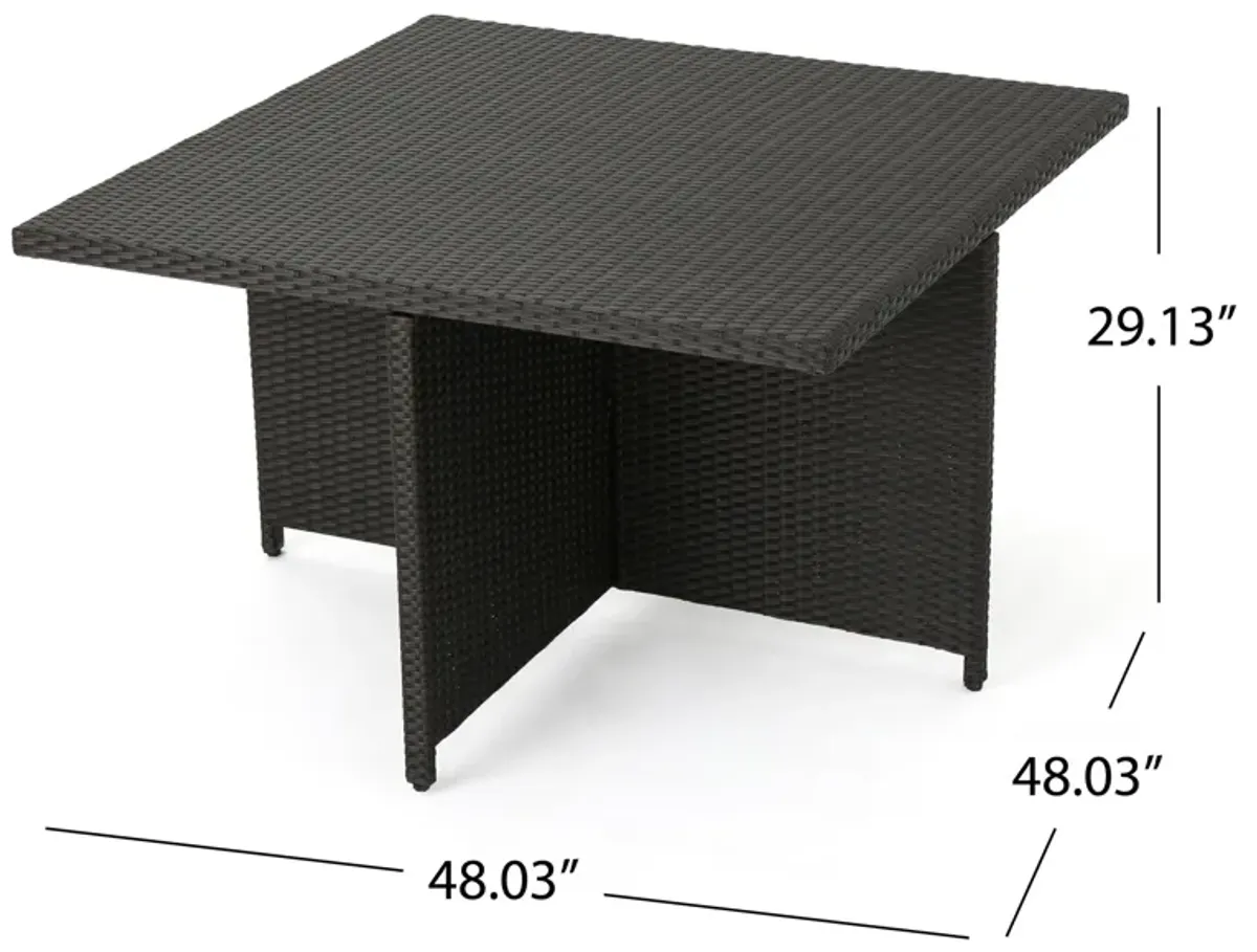 Perie Outdoor Dining Table, 48 Inch Dark Brown Rattan Square Top, Iron