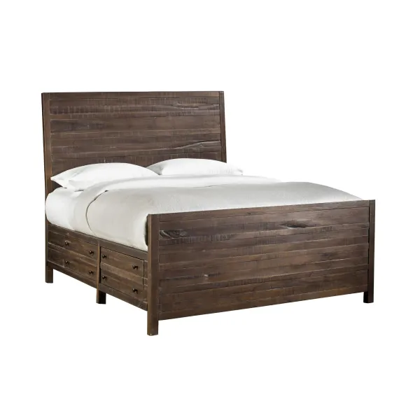 Cas King Size Storage Bed, Plank Panel Headboard, Drawers, Rough Hewn Brown - Benzara
