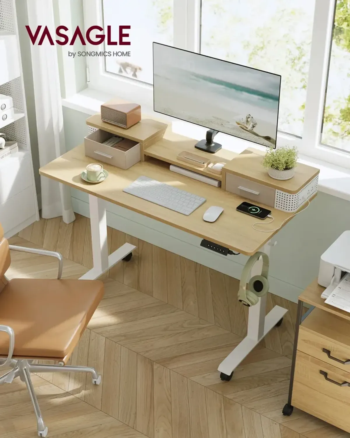 Electric Height Adjustable Standing Desk with Storage Drawers