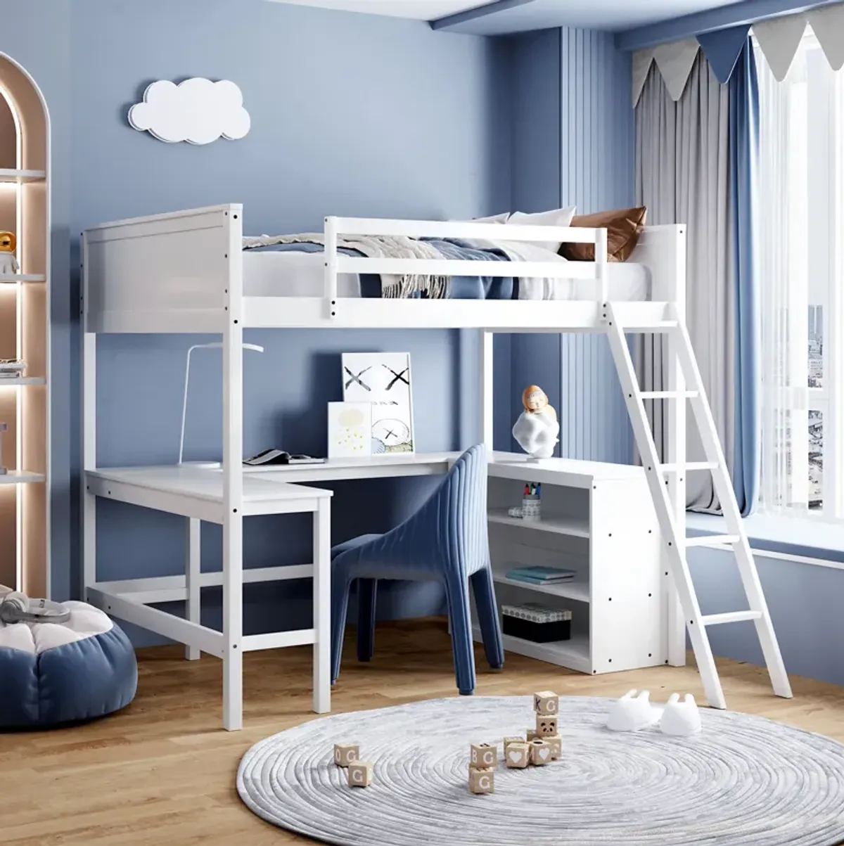 Merax Solid Wooden Loft Bed with Shelves and Desk