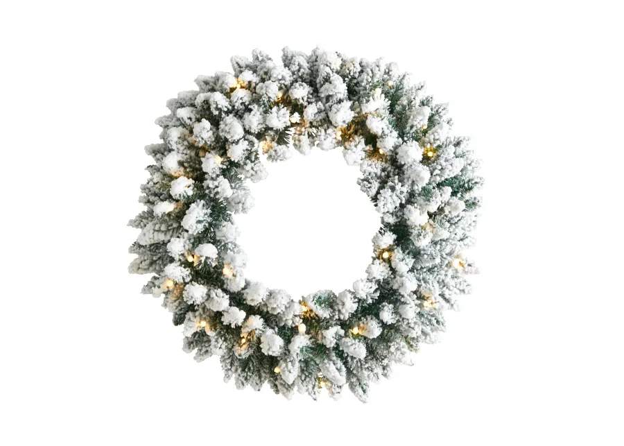 HomPlanti 24" Flocked Artificial Christmas Wreath with 160 Bendable Branches and 35 Warm White LED Lights