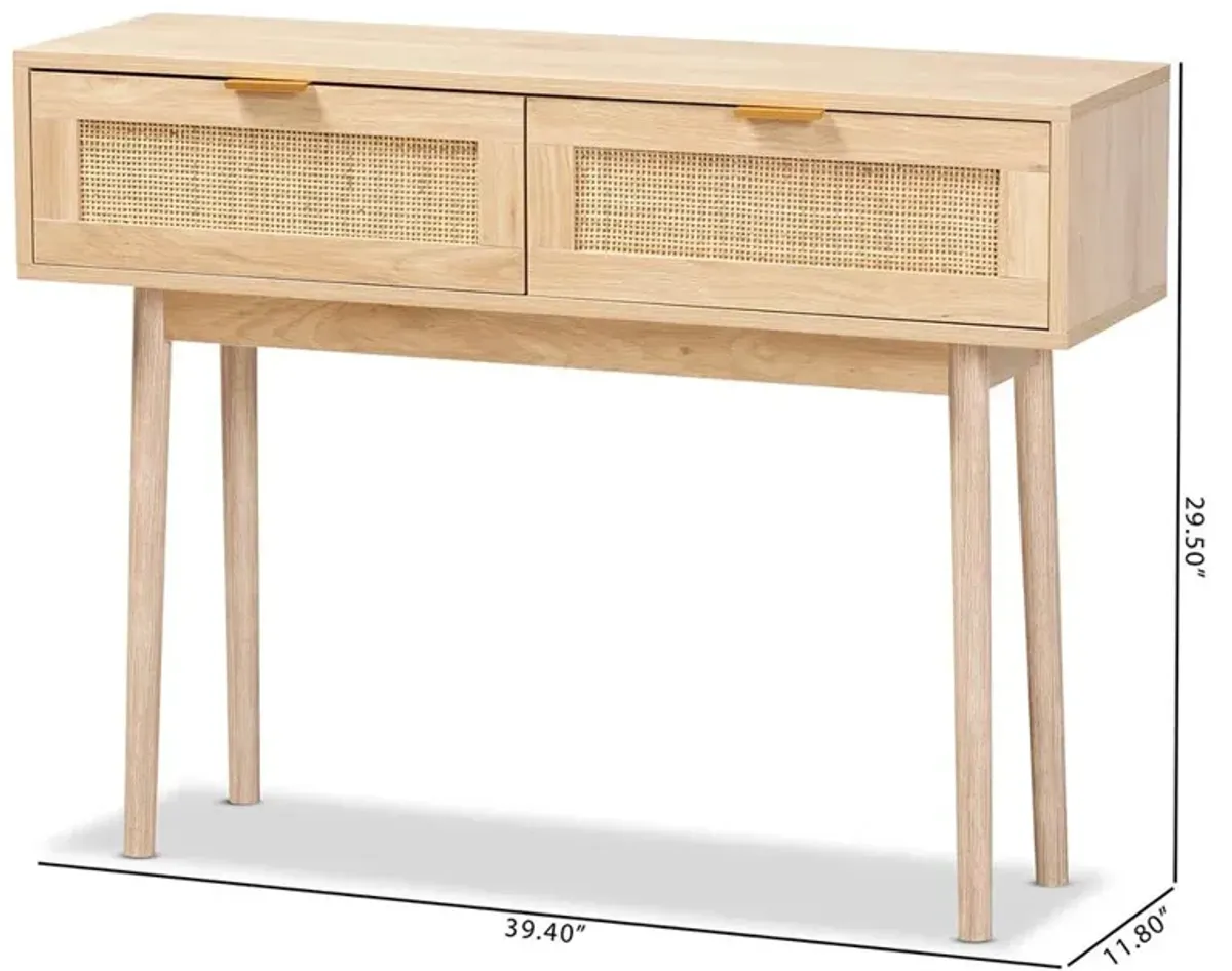 Light Oak Brown Finished Wood and Rattan 2-Drawer Console Table