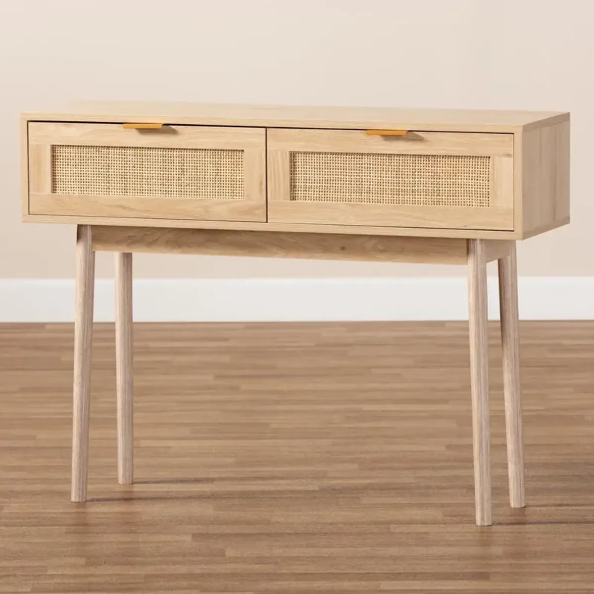 Light Oak Brown Finished Wood and Rattan 2-Drawer Console Table