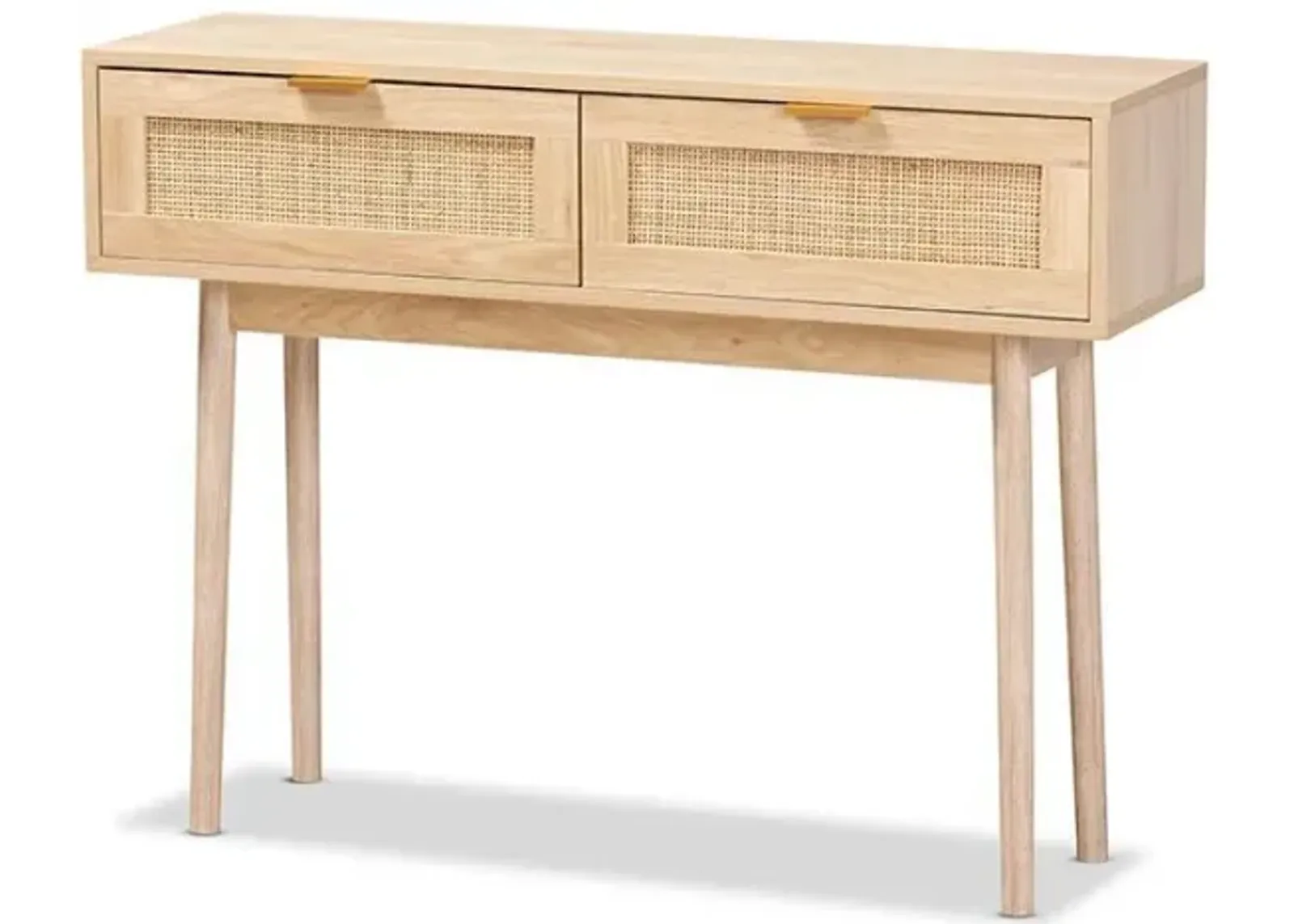 Light Oak Brown Finished Wood and Rattan 2-Drawer Console Table