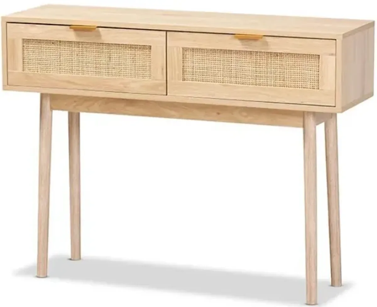 Light Oak Brown Finished Wood and Rattan 2-Drawer Console Table