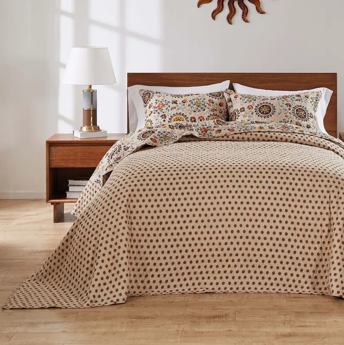 Greenland Home Fashions Andorra Cotton Kantha Quilted Bedspread Set - Jumbo Sized Reversible Quilt Set 3-Piece King/California King Taupe