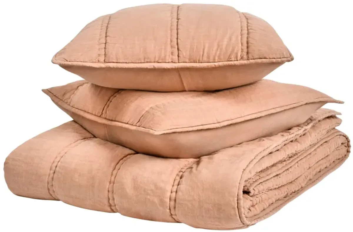 Rawi 3 Piece Queen Quilt Set, Channel Stitched Clay Ramie, Cotton - Benzara