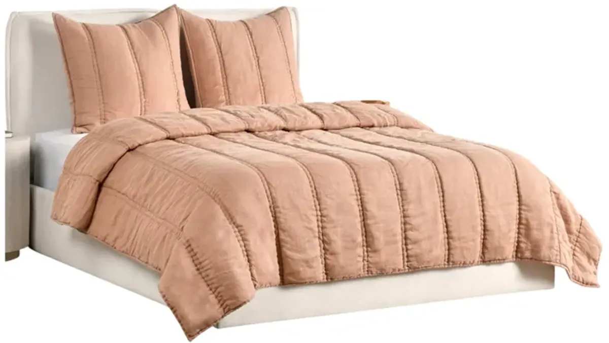 Rawi 3 Piece Queen Quilt Set, Channel Stitched Clay Ramie, Cotton - Benzara