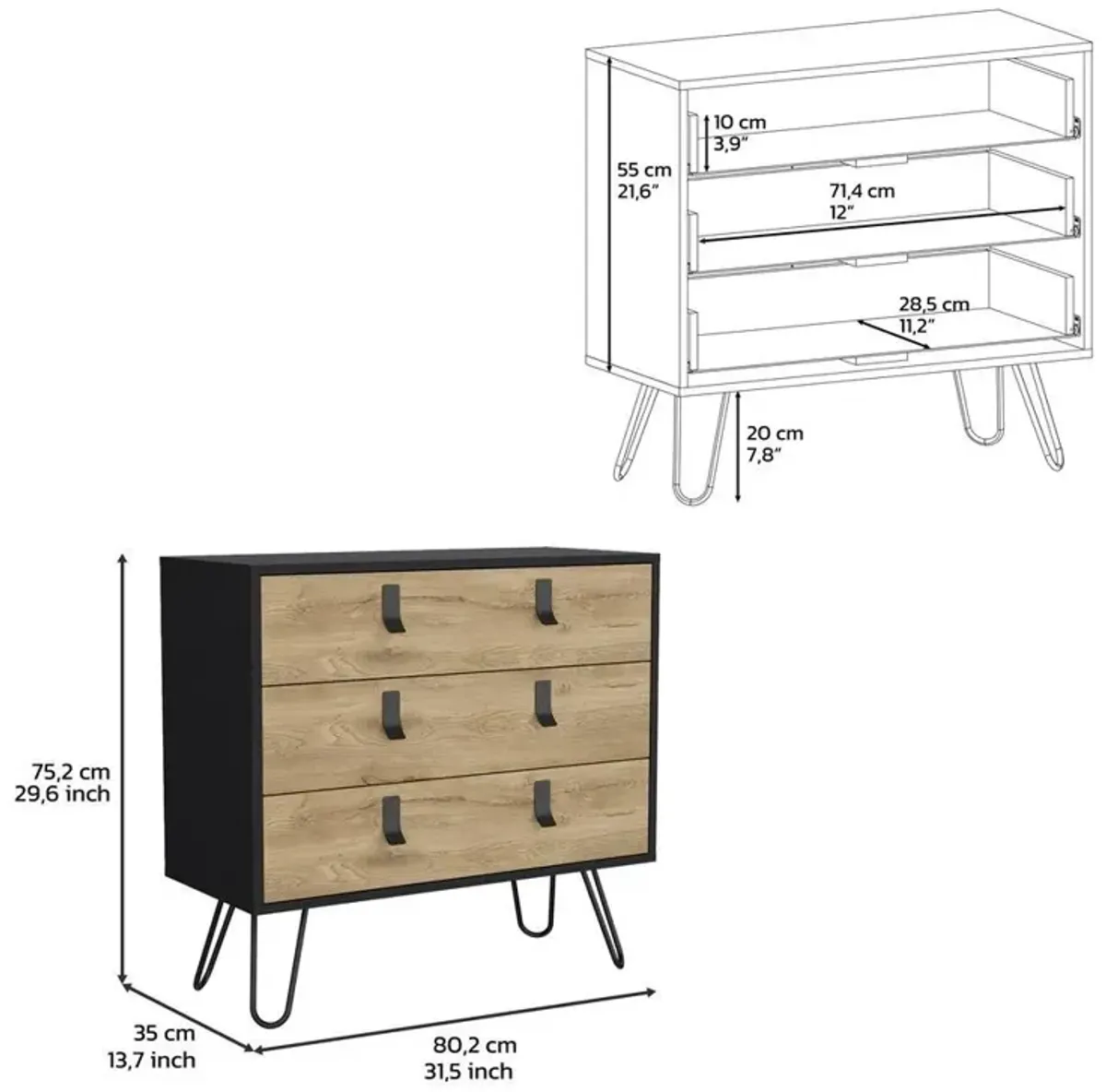 3-Drawer Dresser, Modern Chest of Drawers with Hairpin Legs and Metal Accents