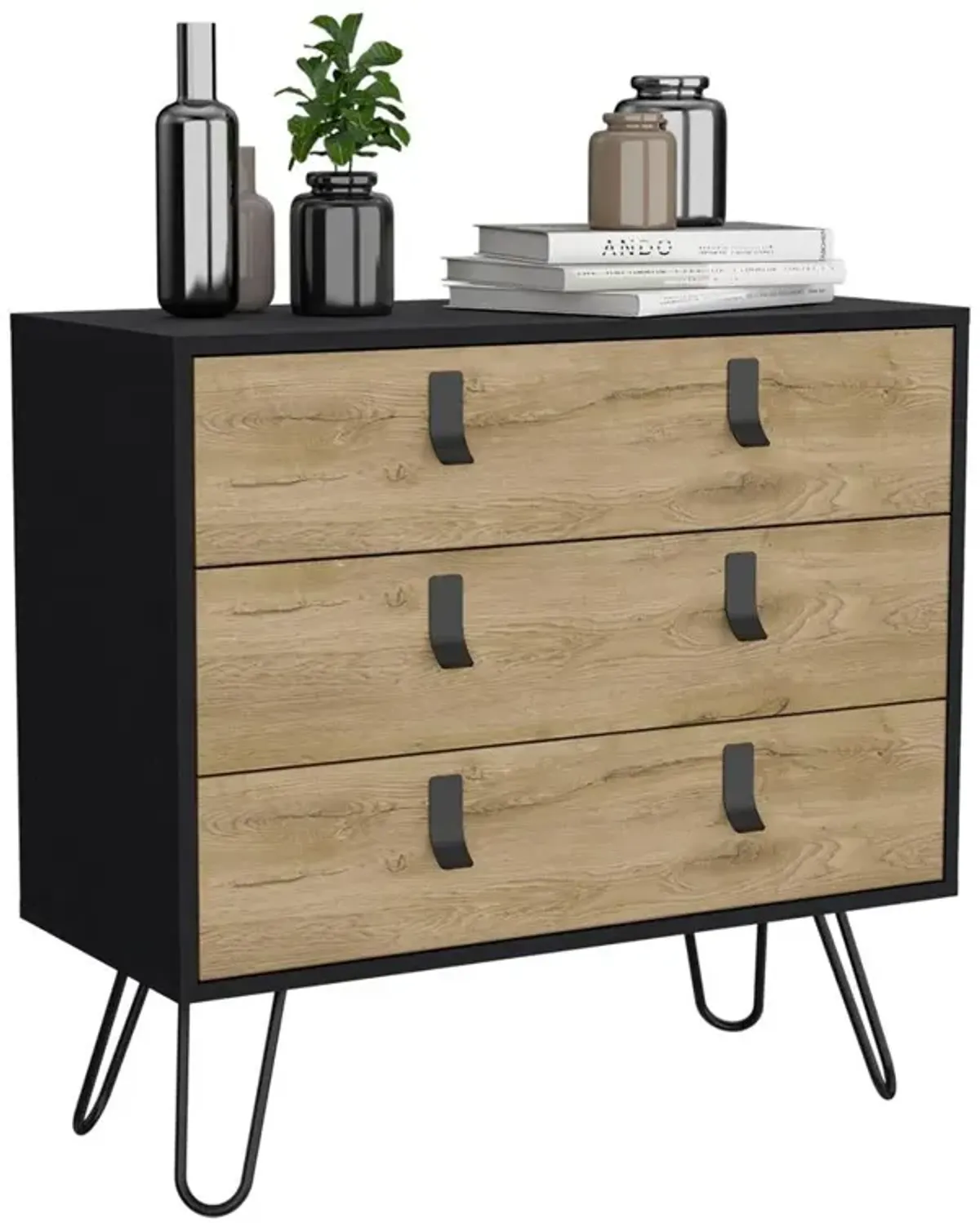 3-Drawer Dresser, Modern Chest of Drawers with Hairpin Legs and Metal Accents