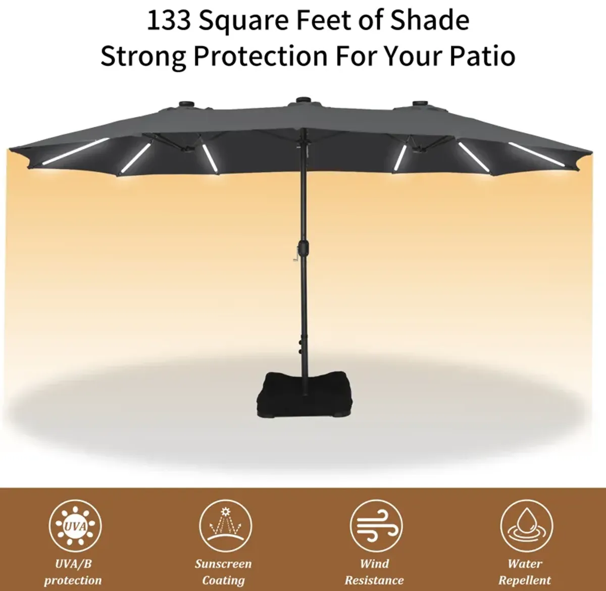 CASAINC 15ft Rectangular Double-Sided Solar LED Strip Lights Outdoor Patio Market Umbrella with Base Included