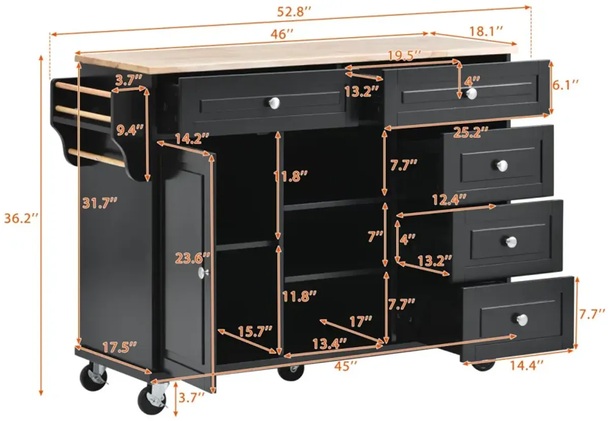 Mobile Kitchen Cart with Rubber Wood Desktop and 5 Draws - 53" Length