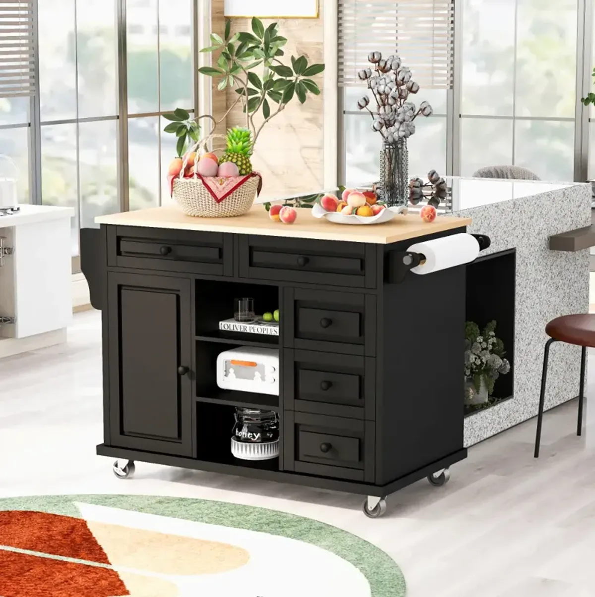 Mobile Kitchen Cart with Rubber Wood Desktop and 5 Draws - 53" Length