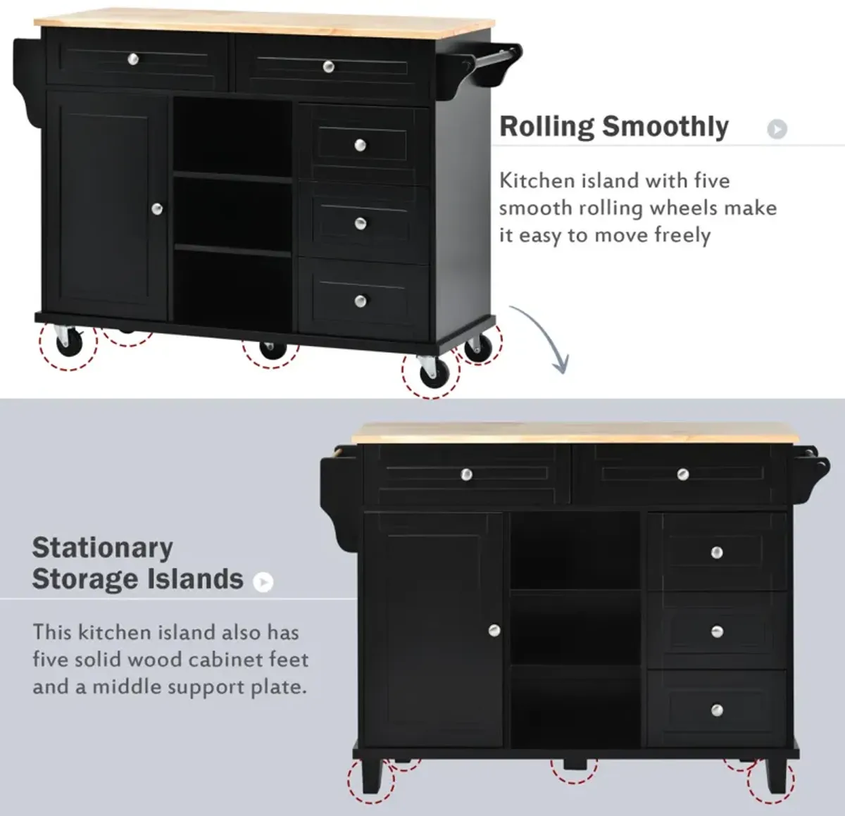 Mobile Kitchen Cart with Rubber Wood Desktop and 5 Draws - 53" Length