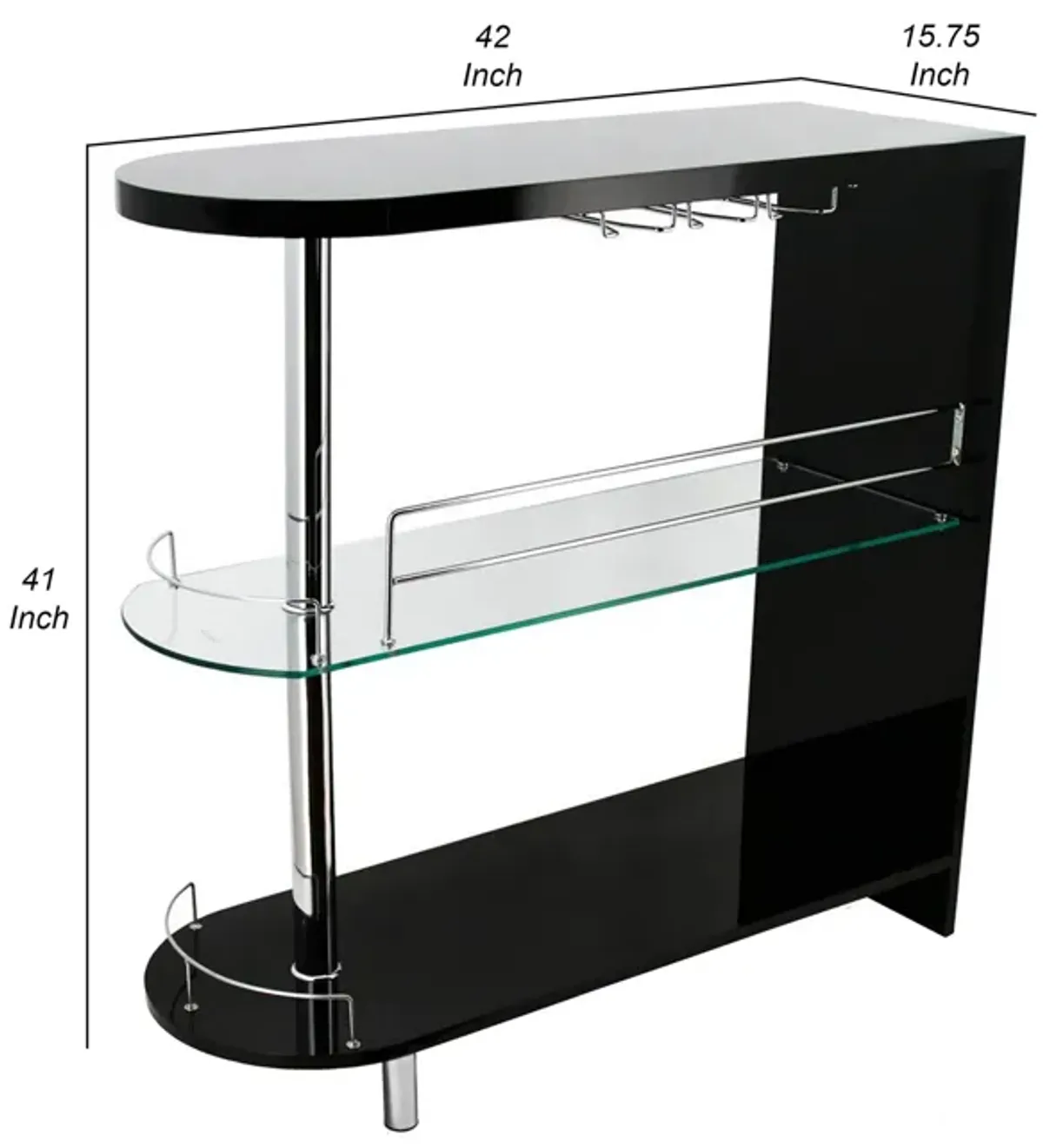 Zaina 42 Inch Modern Bar Table, 3 Shelves, Tempered Glass, Black, Chrome - Benzara