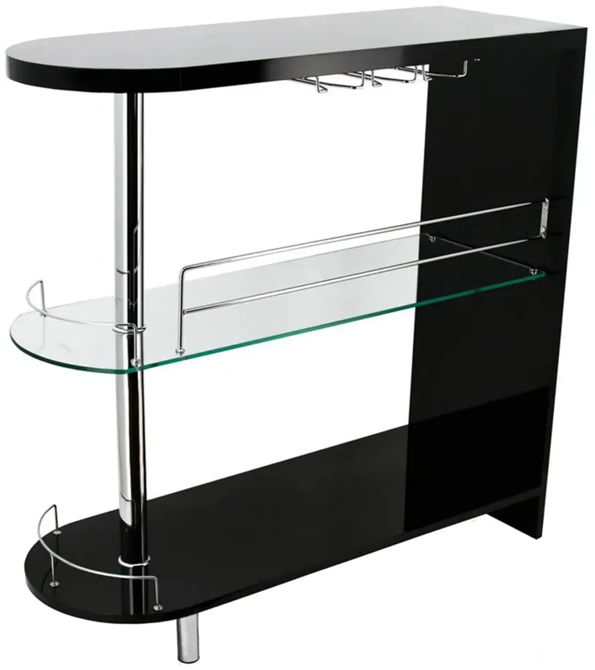 Zaina 42 Inch Modern Bar Table, 3 Shelves, Tempered Glass, Black, Chrome - Benzara