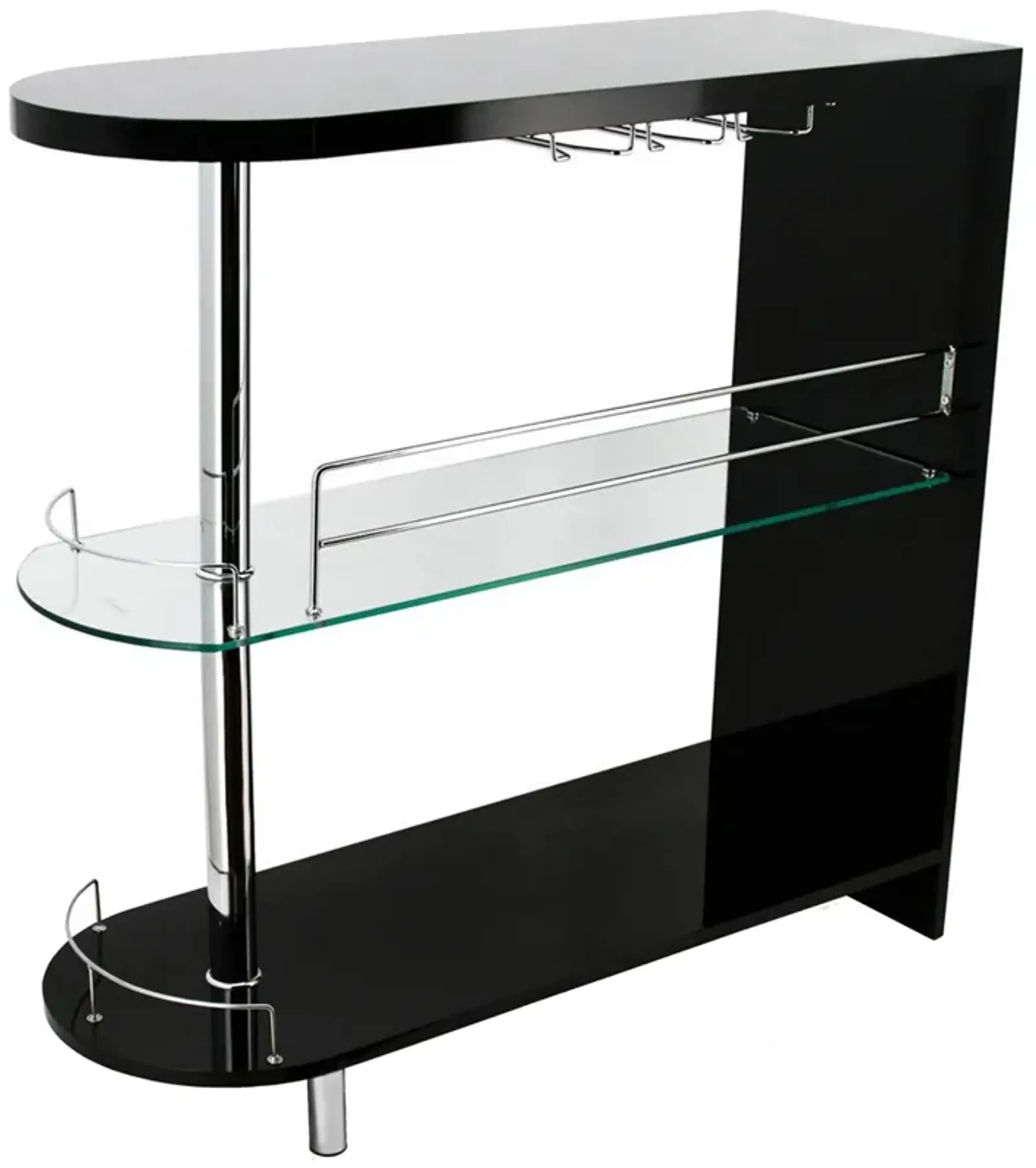 Zaina 42 Inch Modern Bar Table, 3 Shelves, Tempered Glass, Black, Chrome - Benzara