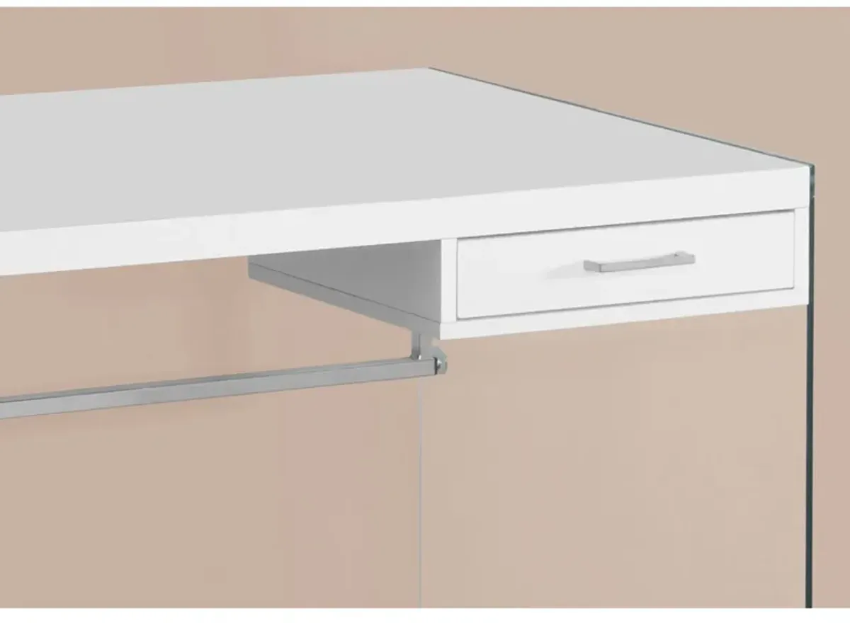 Monarch Specialties I 7209 Computer Desk, Home Office, Laptop, Storage Drawers, 48"L, Work, Tempered Glass, Laminate, Glossy White, Clear, Contemporary, Modern