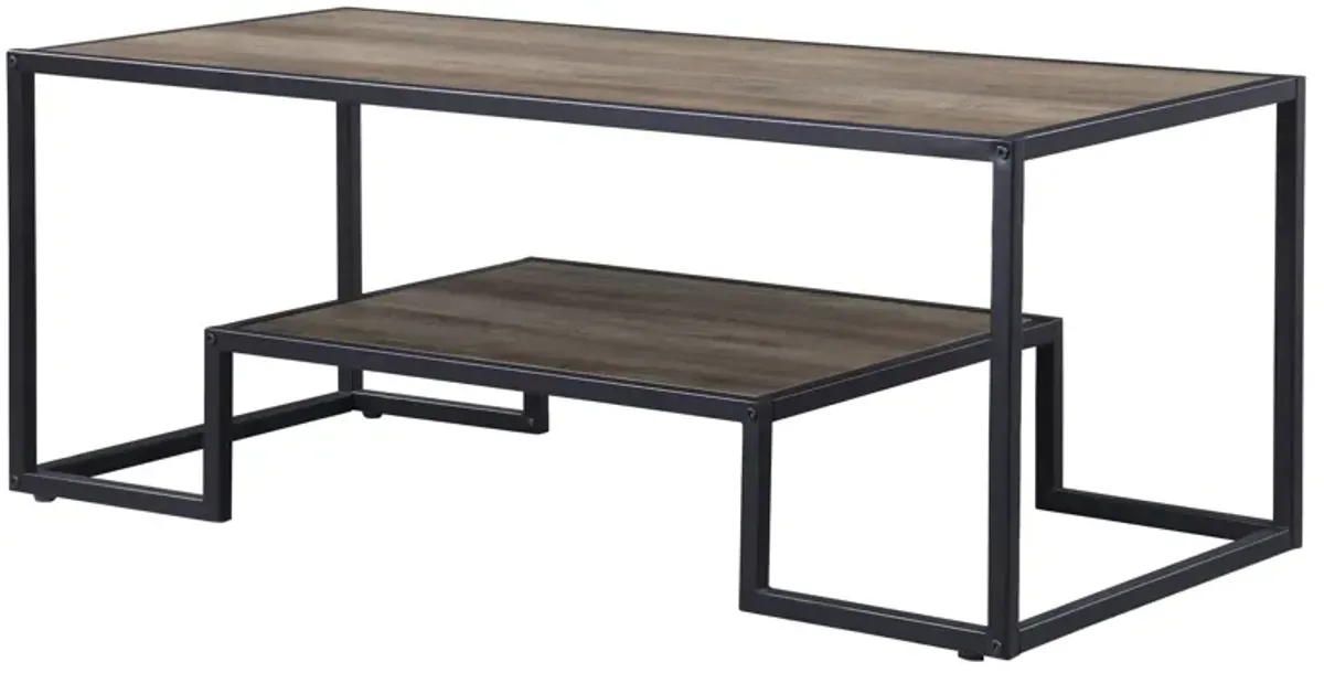 Hivvago 45" Black And Rustic Oak Paper Veneer And Metal Rectangular Coffee Table With Shelf